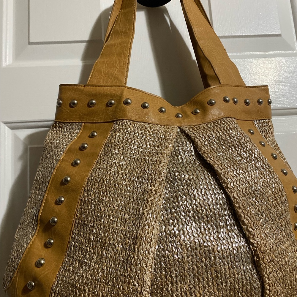 Stylish Tan and Gold Women's Hobo Bag by Olivia and Joy, Good Preowned Condition